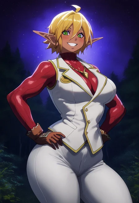 (score_9, score_8_up, score_7_up, perfect, high quality, best quality, ultra-detailed, very aesthetic, illustration, perfect composition, intricate details, absurdres, high res image, masterpiece, vibrant colors, beautiful face, detailed face, 1girl, solo focus, perfect eyes, detailed eyes, perfect hands), female, aura bella fiora, short hair, blue eyes, blonde hair, hair between eyes, green eyes, ahoge, pointy ears, dark skin, heterochromia, elf, dark elf, thick thighs, (venus body, perfect body, large breasts), curvy body, huge hips, (gloves, jewelry, necklace, vest, white vest, pants, white pants,), (smiling, blushing, looking at viewer, hands on hip), (sky, starry background, forest, fantasy)