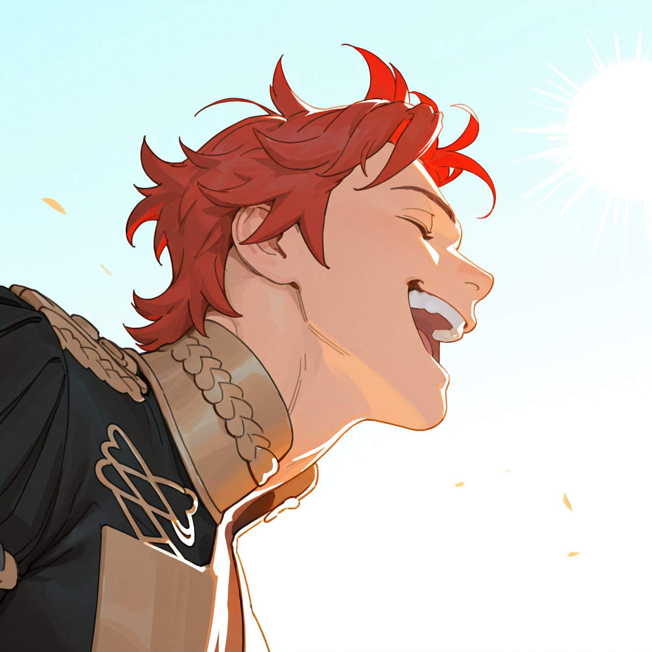 <lora:SYLVAIN:1>
sylvain, solo, smile, open mouth, short hair, 1boy, upper body, closed eyes, male focus, red hair, teeth, from side, uniform, messy hair, laughing, garreg mach monastery uniform, epaulettes, muscular, bara, muscular male, big pectorals, day, sun
, motion blur, film grain, abstract, natural lighting, fantasy, cinematic, dynamic view, tilted angle, very awa, masterpiece, best quality, absurdres, newest, perfect quality, detailed background, intricate details, (artist:fl \(l-fl\):0.7), (artist:tooboshoo:0.7), (artist:dizdoodz:0.8)