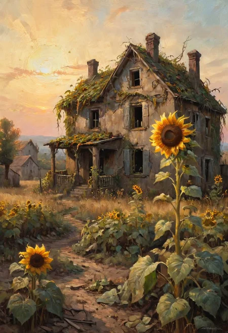 Forsaken village, dilapidated houses, overgrown with dark vines, eerie silence, spectral figures in the distance, with a lone, vibrant sunflower standing tall in the midst of decay, bathed in a warm, golden light. <lora:ClassipeintXL2.1:1>, oil painting
