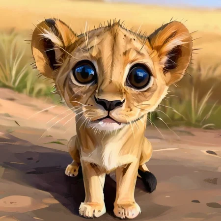 cute lion cub, big eyes, African savannah in the backgroundб <lora:albeniz-rodriguez-style-1024:0.7> albeniz rodriguez style, caricature, fisheye view