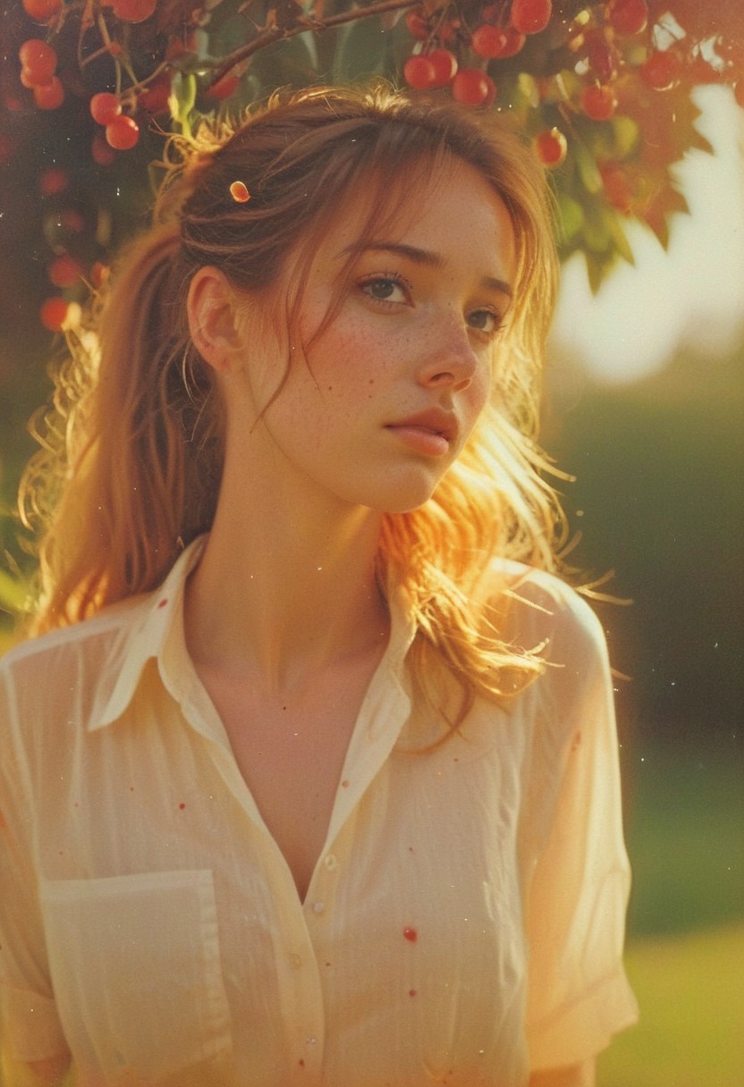 highly detailed and hyper realistic photo, by nan goldin, Sophie Harris Taylor , a infrared photography of a Rear view, side view, soaked_tea_brand, amidst beautiful cherry trees with ripe cherries, standing on tip toes, Stretching to get a Cherry, a freckled natural busty blonde/Red haired freckled Woman with messy ponytail amidst the red ripe cherries in high Grass, infront of the atmospheric sunrise, see through long white boho inspired blouse with cherry stains, sexy body silhouette, , limited dark palette, vibrant colors, faded, atmospheric haze, highly dramatic cinematic lighting, motion blur, film grain,  professional, excellent composition, finest details, maximized details, ultimate detail level, masterpiece, best quality, ISO 300, 1/250s, F/2,8, 38 mm, extremely high quality RAW photograph, 4k, sharp focus, high resolution, 8k UHD, DSLR, high quality, film grain, Fujifilm XT3