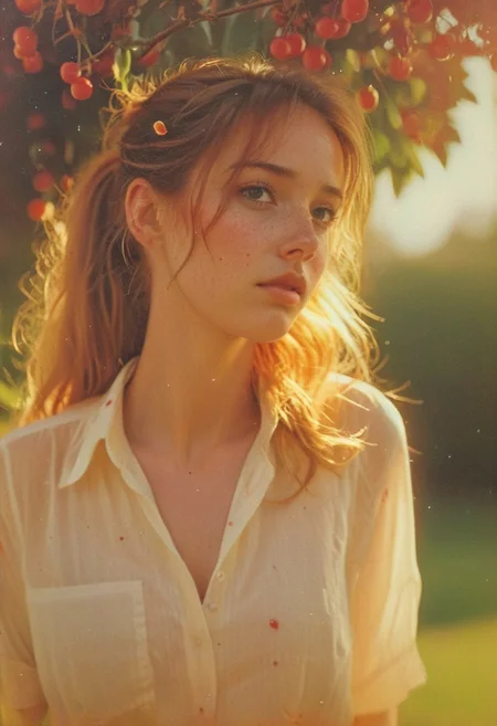 highly detailed and hyper realistic photo, by nan goldin, Sophie Harris Taylor , a infrared photography of a Rear view, side view, soaked_tea_brand, amidst beautiful cherry trees with ripe cherries, standing on tip toes, Stretching to get a Cherry, a freckled natural busty blonde/Red haired freckled Woman with messy ponytail amidst the red ripe cherries in high Grass, infront of the atmospheric sunrise, see through long white boho inspired blouse with cherry stains, sexy body silhouette, , limited dark palette, vibrant colors, faded, atmospheric haze, highly dramatic cinematic lighting, motion blur, film grain,  professional, excellent composition, finest details, maximized details, ultimate detail level, masterpiece, best quality, ISO 300, 1/250s, F/2,8, 38 mm, extremely high quality RAW photograph, 4k, sharp focus, high resolution, 8k UHD, DSLR, high quality, film grain, Fujifilm XT3
