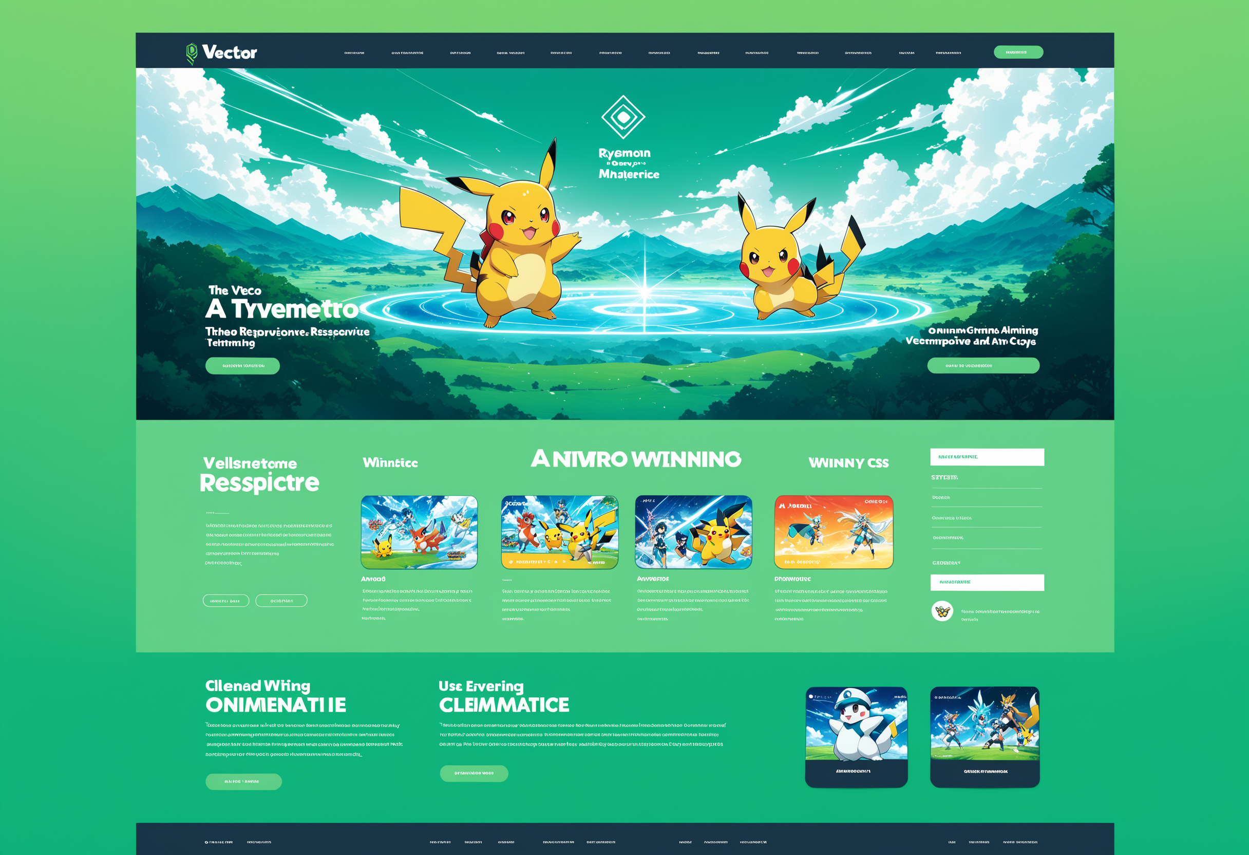 UI-UX Style, a website layout, Anime website, Pokemon theme, single page, vector art, green gradient theme, responsive, bootstrap and CSS compatible, extremely well designed, award winning, cinematic advertising, masterpiece, best quality, <lora:UiUX-SDXL:0.5>