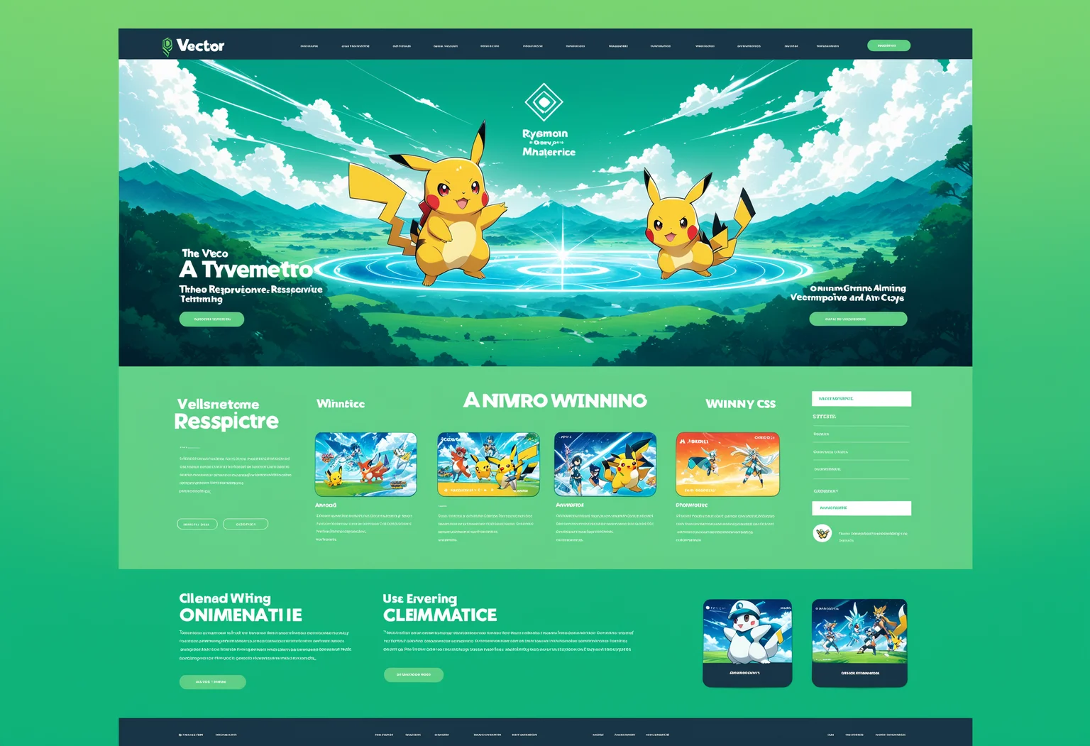 UI-UX Style, a website layout, Anime website, Pokemon theme, single page, vector art, green gradient theme, responsive, bootstrap and CSS compatible, extremely well designed, award winning, cinematic advertising, masterpiece, best quality, <lora:UiUX-SDXL:0.5>