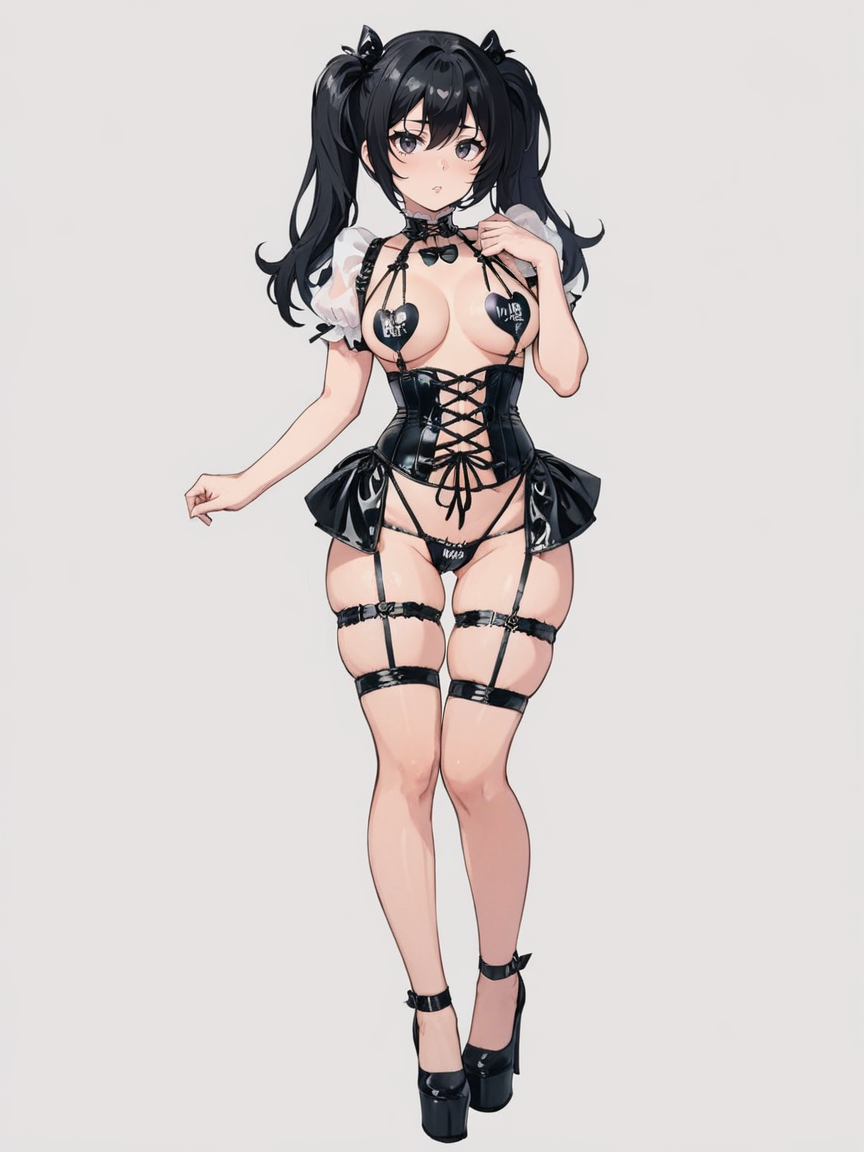 m3k4m41d, lingerie, black latex, heart bikini, full body, woman, corset, garter straps,  anime,  <lora:m3k4m41dSDXL:0.5>