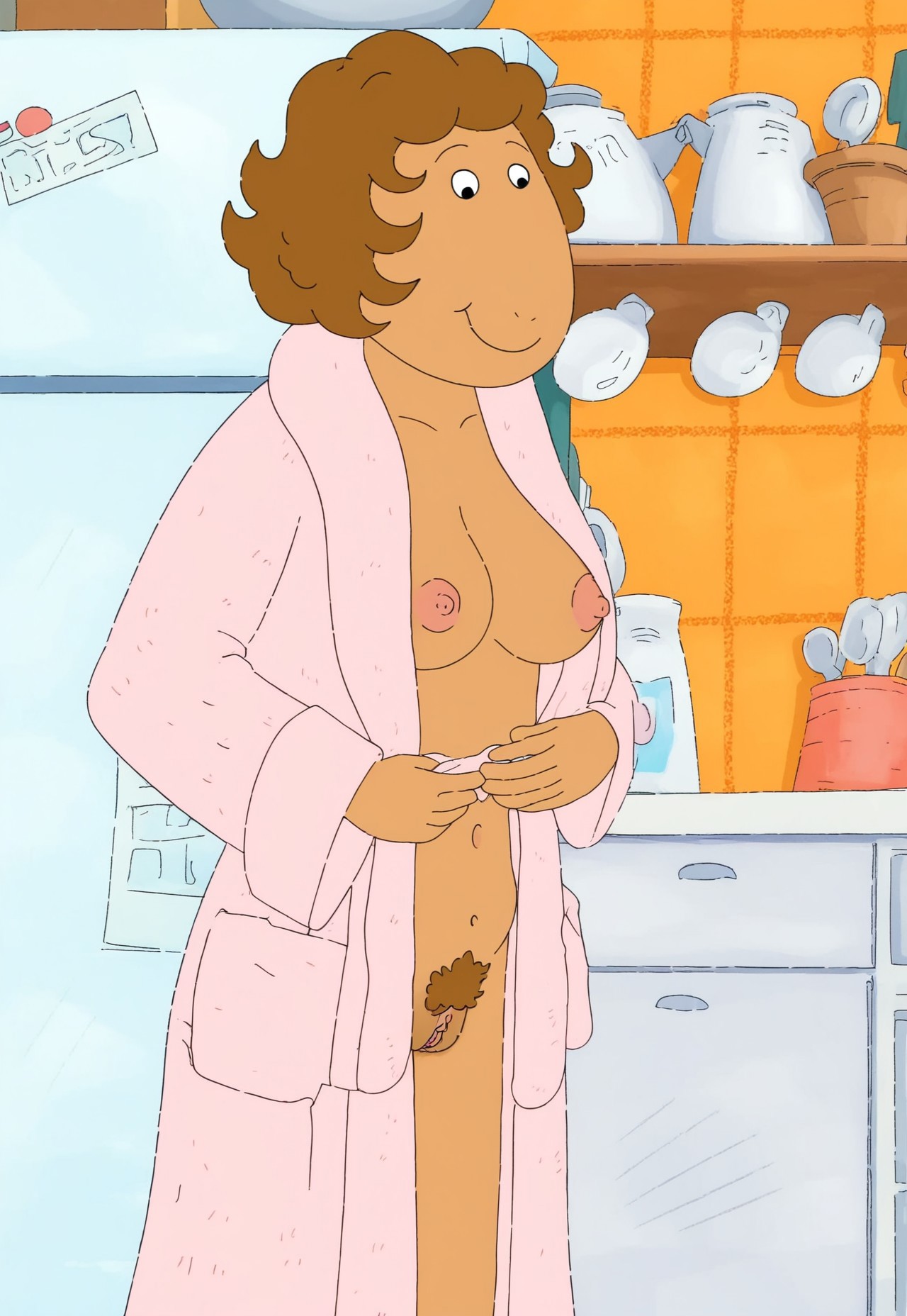 Jane Read, shaggy curly brown hairstyle,
pink robe, opening robe, revealing breasts, perky nipples, pussy, very hairy pussy,
eyes half open, smile,
kitchen