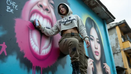 Filipina street muralist, [crop hoodie with âBaybayinâ graffiti, paint-splattered cargo pants, steel-toe boots], [scaling scaffolding mid-mural of revolutionary heroes, spray can in teeth, fist raised toward fascist graffiti], [ultra-wide dynamic shot], [Manila slums under typhoon skies], [unapologetic creative fury], [neon and stormlight clash], [electric cyan and riotous magenta palette]., perfect detailed face, perfect detailed eyes, perfect hands, perfect feet, natural anatomy,   <lora:Flux\Dever_Flux_Enhancer.safetensors:0.5>.