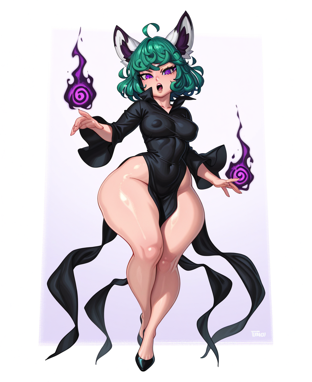 <lora:tangobat:1> tangobat,
MATURE FEMALE, LARGE BREASTS, (masterpiece), (best quality), (ultra-detailed), amazing quality, very aesthetic, illustration, perfect composition, intricate details, absurdres, incredibly absurdres, shiny skin, realistic,
 tangobat, tatsumaki, 1girl, solo, ahoge, thick thighs, purple eyes, dress, black dress, breasts, thighs, curly hair, animal ears, full body, green hair, open mouth, floating, looking at viewer, , wide hips, cosplay, black footwear, covered navel, psychic, short hair, small breasts, tatsumaki, sensitive