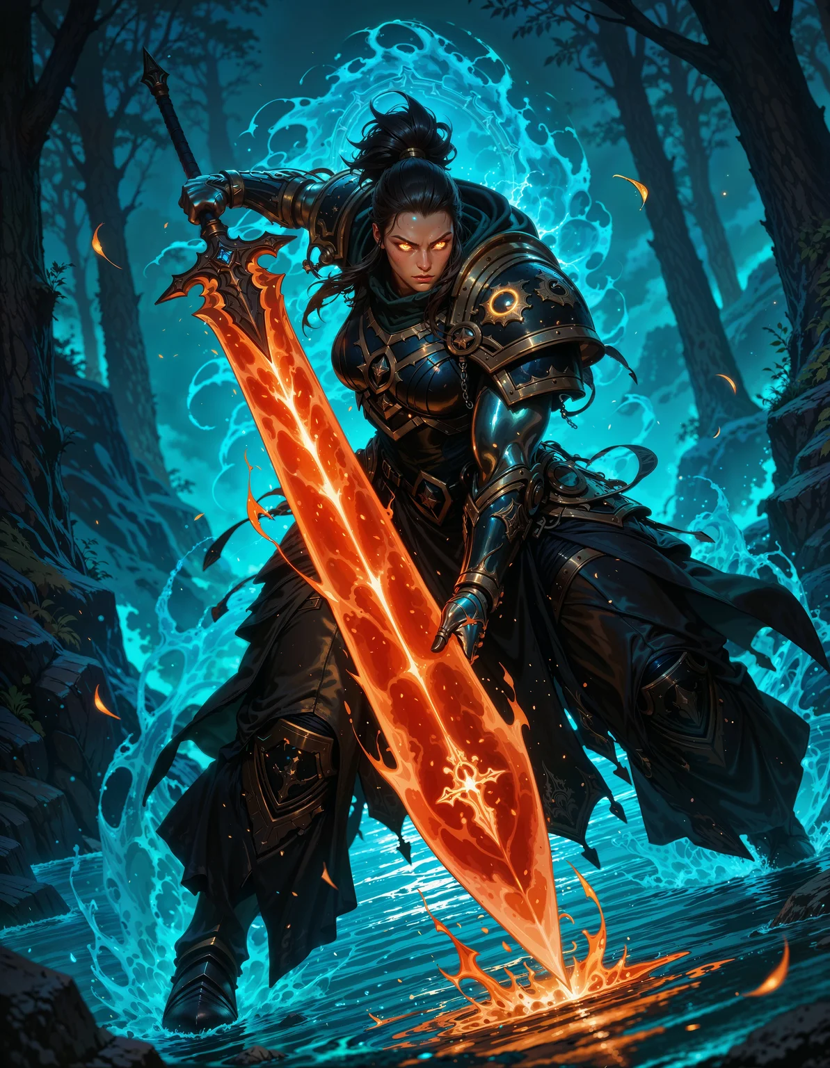 masterpiece, best quality,high quality, newest, highres,8K,HDR,absurdres, iLLFerrusM40k, 1girl, solo, tied up hair, metallic arms, glowing eyes, fire sword, floating petals, armor, intricate patterns, ethereal glow, holding sword, high fantasy, standing on water, floral motifs, blue and gold palette, celestial symbols, moonlit background, misty environment, depth of field, dramatic lighting, fire aura, detailed background, dynamic pose, foreshortening, fantasy illustration, glowing runes, limited palette, elegant battle stance, cinematic shot., detailed background, dynamic pose, dynamic composition,dutch angle, detailed backgroud,foreshortening,blurry edges  <lora:iLLFerrusM40k:1> <lora:iLLMythG0thicL1nes:0.8> G0thicL1nes