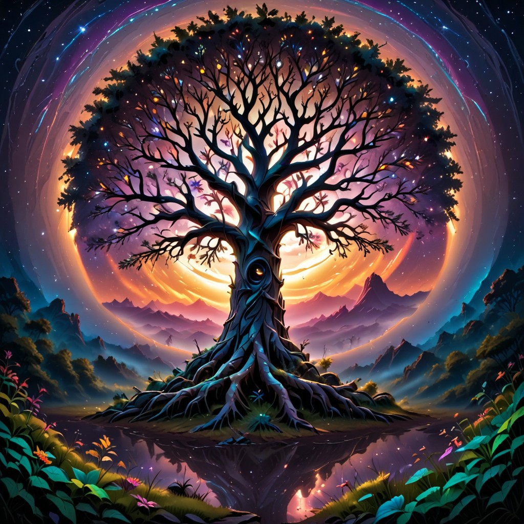 white huge tree grows from the black hole in the center of galaxy, fluorescent leaves, white glowing bark, alien colorful planets grow on branches of the tree, life energy flows through the roots of the tree, space, cosmic scenery, clouds of cosmic dust around, black background, hyperrealistic, photorealistic, atmospheric scene, depth of field, 8k quality, extreme detailed, colorful, award-winning masterpiece, abstract beauty