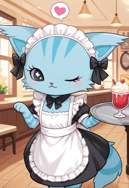 score_9, score_8_up, score_7_up, score_6_up, score_5_up, BREAK
chelsea, furry, chibi, feral, hair bow, cat, colored sclera, cafe, maid, maid headdress, tray, one eye closed, spoken heart, 1 girl, solo