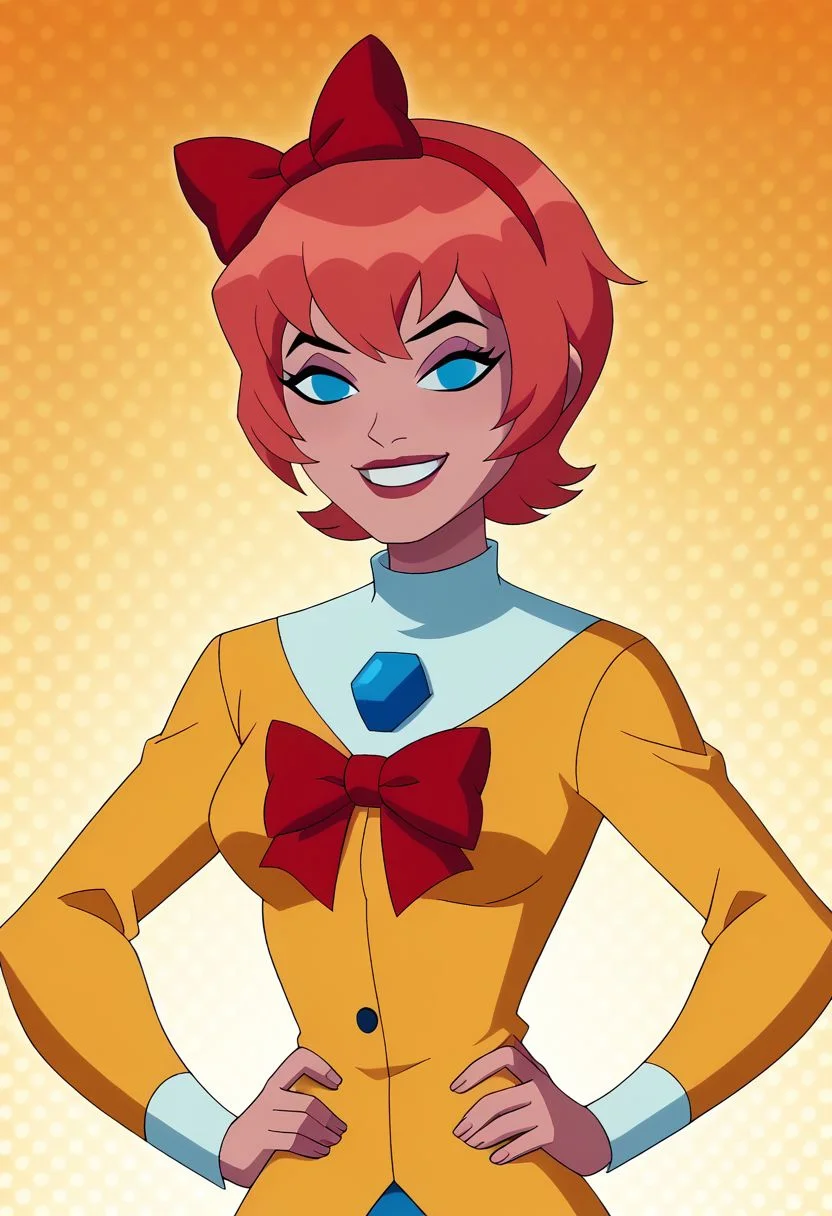 score_8, score_7, score_6, score_5,(masterpiece, best quality, amazing quality, abstract art background), ,cowboy shot, multi colored background, wyatt, , 1 girl, character focus, upper body visible, zoomed in medium shot, hands on hips, half closed eyes, hearts, , smiling, sayori, blue eyes, short hair, red bow