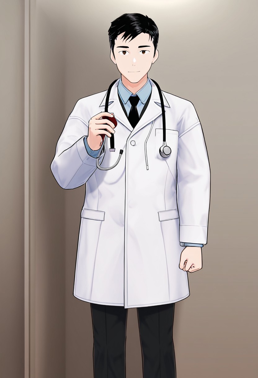 harmard, black hair, short hair, brown eyes, 1boy, solo, solo focus, wearing doctor uniform, black pants, stethoscope hanging on neck