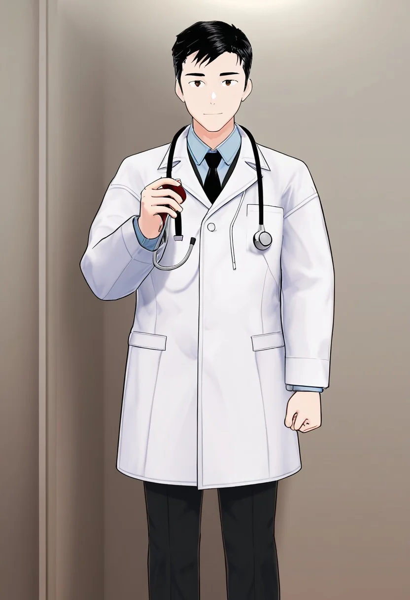 harmard, black hair, short hair, brown eyes, 1boy, solo, solo focus, wearing doctor uniform, black pants, stethoscope hanging on neck