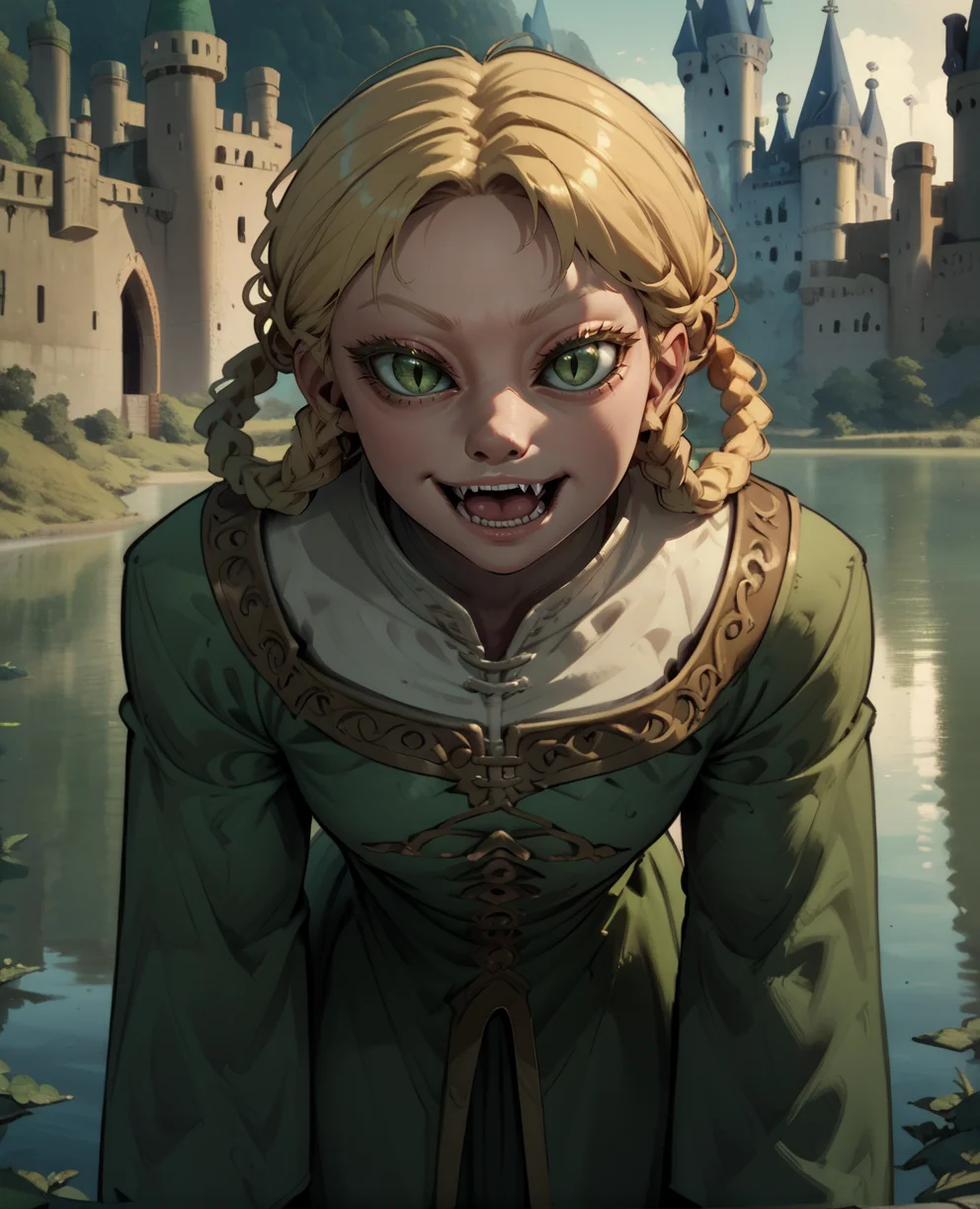 score_9,score_8_up,score_7_up,
ryazorayas,blonde hair,hair rings,twin braids,green eyes,bad_posture,slit pupils,light smile,
green dress,long sleeves,standing,solo,open mouth,fang,
leaning forward,
lake,castle,<lora:RyaZorayasXL-ER11:1>,