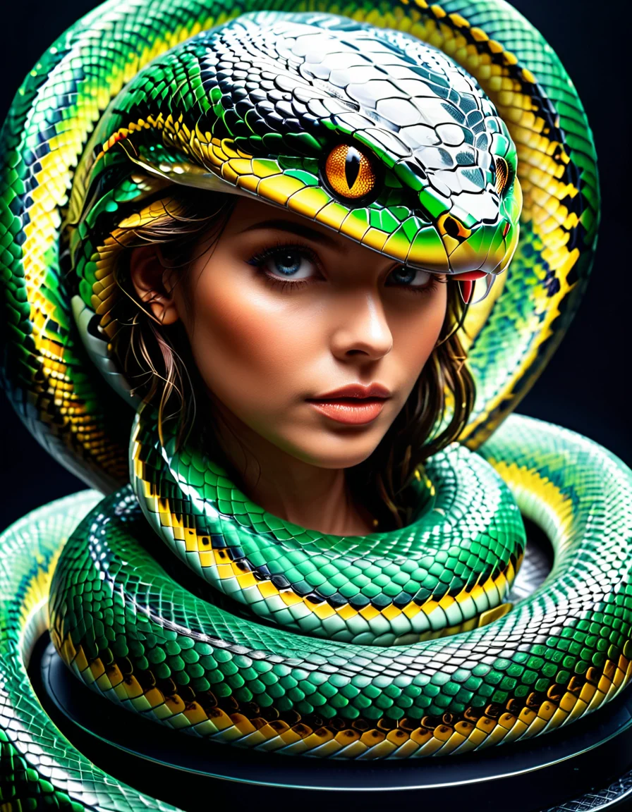 "A hyperrealistic life-size sculpture of a human morphing into a snake, each scale containing tiny holographic scenes of daily human life, glowing under soft, eerie lighting, surrounded by discarded skin, detailed scales, mixed with a high-tech futuristic vibe, surreal and unsettling atmosphere, photorealistic textures." <lora:SDXLFaeTastic2400:0.4> <lora:extremely_detailed:0.4> extremely detailed, <lora:sn4ke:1>,sn4ke, Masterpiece,best quality,hi res,8k,hi res,8k,award winning,(sharp focus, intricate, highly detailed),