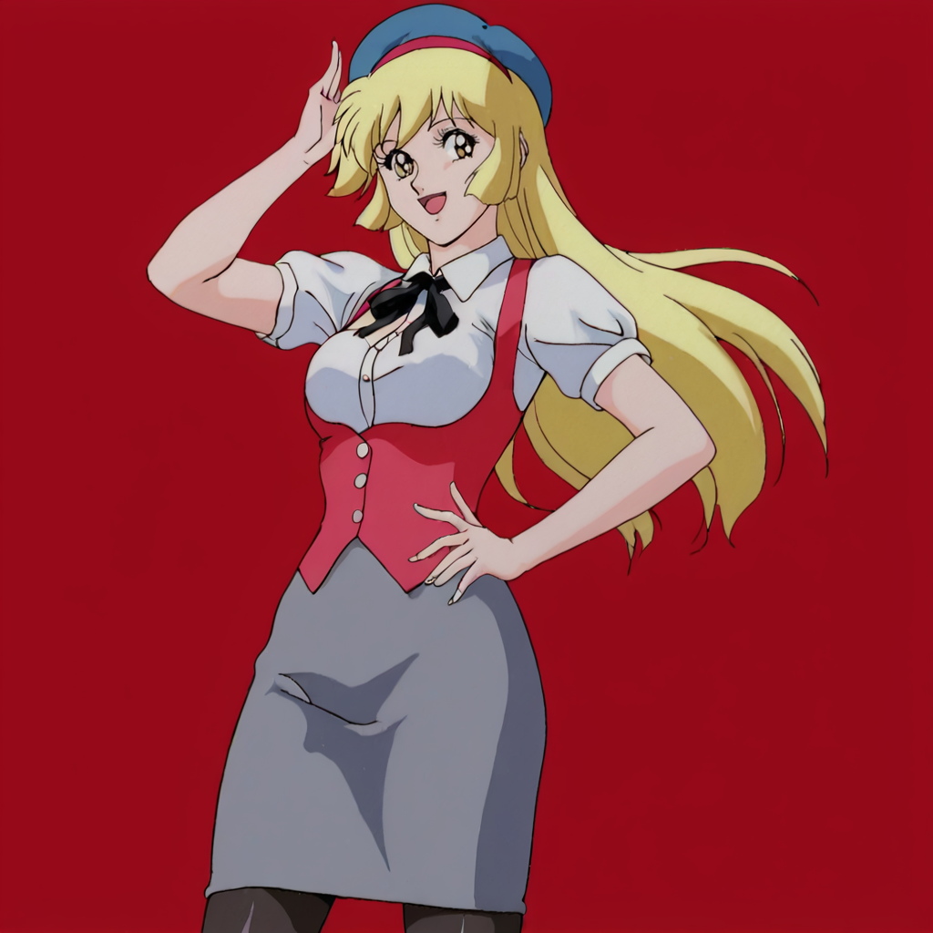 <lora:CutieHoney_pony_v1:.8> Honey, 1girl, blonde hair, retro artstyle, long hair, hairband, jewelry,  1980s (style), 1990s (style), cowboy shot,  <lora:0902 Home wear 5_v1_pony:1> ruanyi0902,beret,black ribbon,collared shirt,black pantyhose,high-waist skirt,white shirt,suspenders