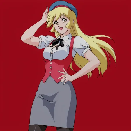 <lora:CutieHoney_pony_v1:.8> Honey, 1girl, blonde hair, retro artstyle, long hair, hairband, jewelry,  1980s (style), 1990s (style), cowboy shot,  <lora:0902 Home wear 5_v1_pony:1> ruanyi0902,beret,black ribbon,collared shirt,black pantyhose,high-waist skirt,white shirt,suspenders