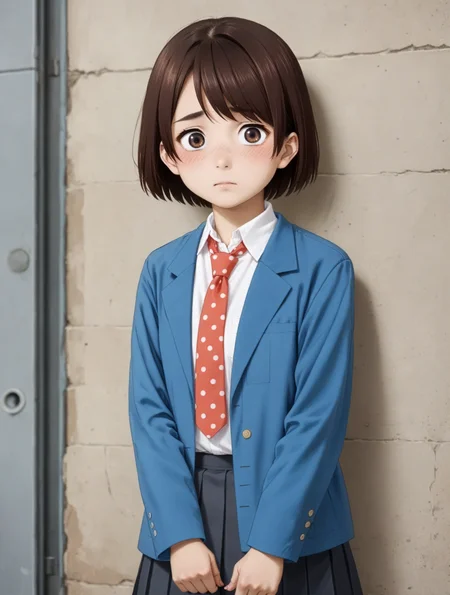 score_9, score_8_up, score_7_up,
<lora:sdxl-hky-hotaru-pony:0.55> hinase hotaru, brown eyes, dark brown hair, short hair, white collared shirt, blue jacket, gray pleated skirt, red necktie at polka dot,
1girl,solo,
cowboy shot,
bewildered , shy, blush,