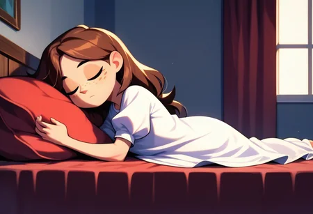 score_9, score_8up, score_7up, HCSV1, HazbinStyle, 1girl, solo, human, little girl, child, long hair, brown hair, light blue eyes, black pupils, freckles, white nightgown, short sleeves, puffy sleeves, laying on her side, on the bed, eyes closed, sleeping, indoors, hotel room, red wallpaper, bed, natural lighting, side view, full body,