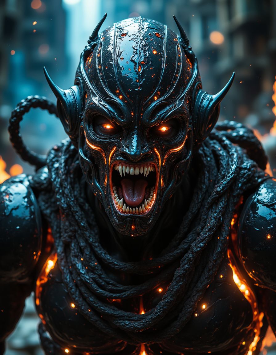 high quality photograph, quarter view of riskofrain character portrait, direct eye contact, intimidating eye contact, evil character with humanoid glowing cybernetic parts out of reality from a distant hell invading earth, battle scarred, twisters from hell in the background,
captured on a (Phase One XF IQ4 150MP), rule of third composition,
 <lora:Risk_of_Rain_-_Character_Portrait_-_Style:0.1>,  <lora:MidjourneyV6.1:0.8>,  <lora:fluxenhancer:0.4>