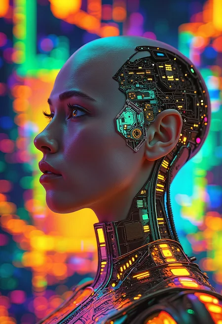 Create a futuristic, high-contrast image of a bald, bioengineered woman with a neural network implanted in her brain, gazing directly at the viewer with a confident and slightly surprised expression. Her skin is smooth and natural, but her eyes seem to hold a hint of macabre intensity. The background is a dark, nebula-like expanse, with tendrils of color swirling around her like a cyberpunk aurora. The overall effect should be one of dramatic, high-contrast realism, with a focus on fine texture and extreme detail. The image should feel like a still from a sci-fi movie, with a sense of futuristic unease and tension. <lora:scifi/moxiePunk_v20.safetensors:0.8>, <lora:flux/Realism 2.safetensors:0.8>, realism, realistic, <lora:art and styles/MysticFantasy.safetensors:0.8>,