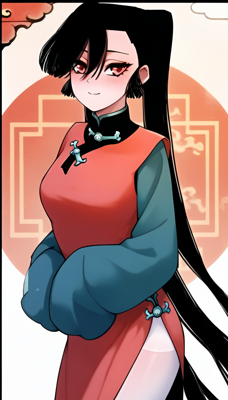 <lora:hudasheng:1>,hudasheng,1girl,long hair,red eyes,solo,long hair,black hair,hair between eyes,ponytail,pigtails,white_pantyhose,china_dress,red china_dress,long sleeves,green long sleeves,
standing,looking at viewer,smile,blush,light_blush,full_shot,from_side,, masterpiece,best quality,amazing quality,
