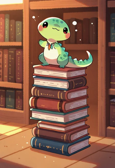 (masterpiece, best quality, high quality, highres), very awa, highres, absurdres,
(naguru \(cyoroama\), (chii-kun \(seedyoulater\):0.7), 
pikaole, cute, animal focus,
(lizard:1.1), (cute:1.1),
tribal necklace, tribal belt, tribal bracelet, 
embarassed, tired,
carries the stack of books,
cozy library