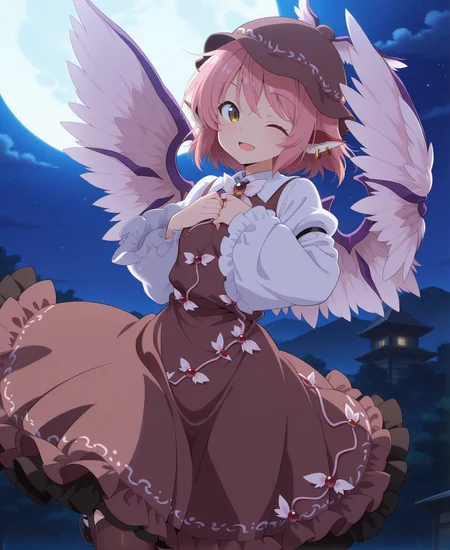 absurdres, highres, masterpiece, best quality, amazing quality, official anime artwork, screencap, anime screencap, outdoors, looking at viewer, light smile, dynamic pose, night, <lora:Mystia-Lorelei_Illustrious:1> mystia lorelei, 1girl, solo, brown eyes, pink hair, short hair, animal ears, earrings, wings,, hat, winged hat, brown dress, puffy sleeves, juliet sleeves, brown thighhighs, black footwear,
moon, flying, star, open mouth, wink,