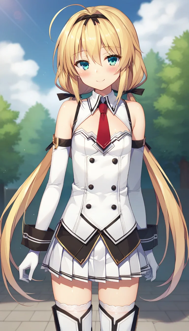 score_9,score_8_up,masterpiece,best quality,correct anatomy,anime_source,1girl,solo,perfect eyes,perfect arms,perfect legs,perfect face,outdoors,upper body,(portrait:1.5),looking at viewer,facing viewer,smile,blush,Sara Tiffal,ahoge,very long hair,blonde hair,black hairband,low twintails,hair ribbon,sidelocks,hair between eyes,aqua eyes,detached collar,red necktie,cleavage cutout,white jacket,double-breasted,detached sleeves,white gloves,flat chest,miniskirt,white skirt,pleated skirt,lace trim,zettai ryouiki,white thighhighs,lace-trimmed thighhighs,thigh boots,white footwear,<lora:Sara Tiffal(jcb)-Pony:1.2>,