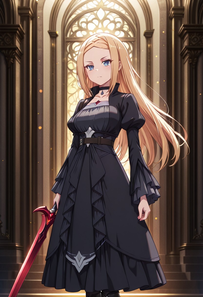 masterpiece, best quality, amazing quality, dynamic view,  solo, dynamic view,  solo, 1girl, masterpiece, best quality, bokeh, luminescent background, 
( elsanotis,, 
 blonde hair, long hair, blue eyes, black choker, sidelocks, small breasts,
, dress, gothic dress, black dress, long sleeves, belt, black boots, jewelry,,
 red sword,, 
 )
portrait, happy