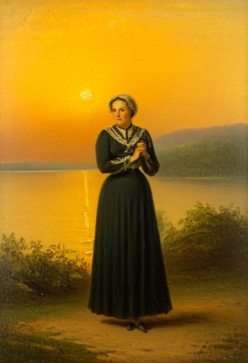 sunset, northern lake, summer, old fashioned woman, nostalgic, high quality, detailed, by George Dawe, oil painting, 19th century