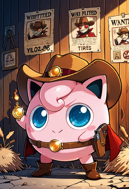 masterpiece, best quality, no humans,  zzJigs, cowboy hat, tiny pistol holstered at side, dusty desert backdrop, tumbleweeds, spurred boots, dramatic sunset, saloon sign in distance, sheriff badge, determined squint, tiny cloak fluttering in wind, old-timey wanted posters, cracked ground, tense showdown stance  With a glint in her eye and a cowboy hat tipped low, zzJigs stands alone on the empty street, the wind whispering through the town as the final duel draws near.  <lora:JigglypuffPokedex_IXL:1.0>,    <lora:ZankuroStyle_NAI:0.5>,   <lora:HaradaTakehito_NAI:0.5>,