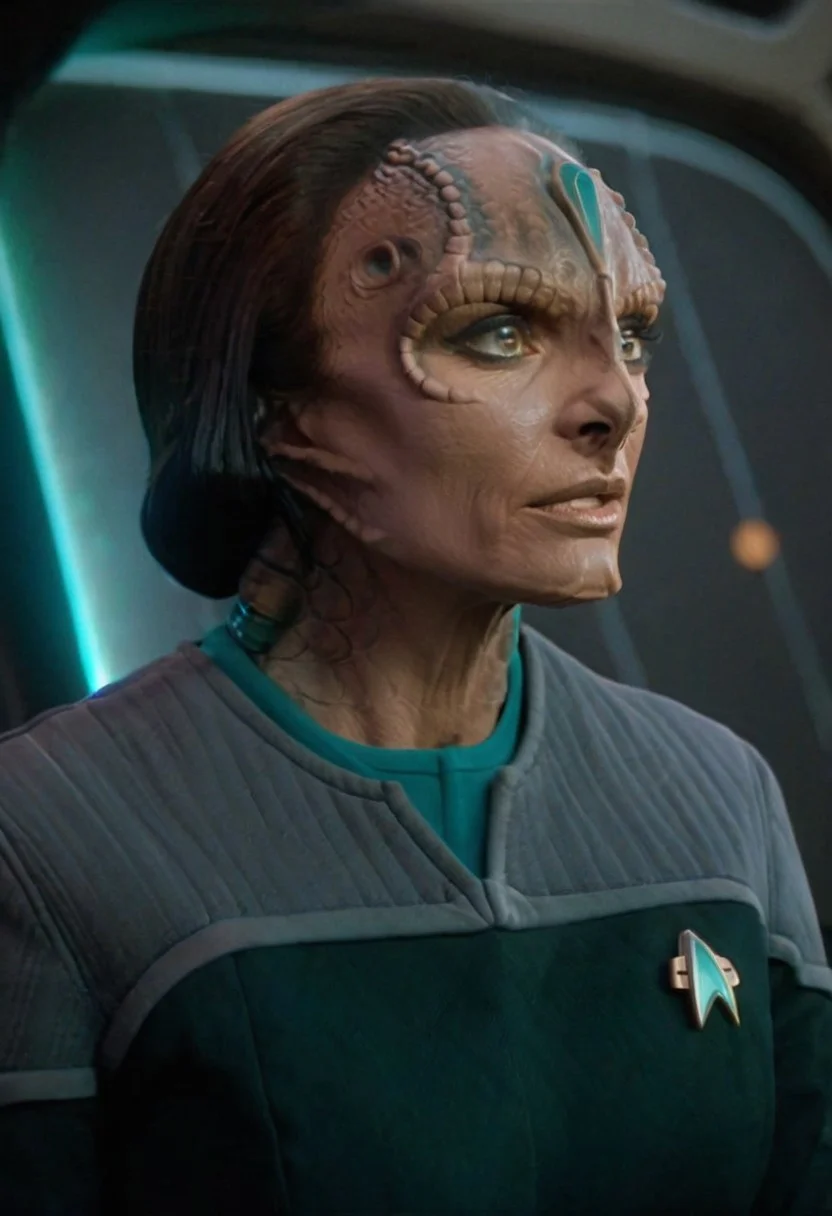 8k HDR, Cinematic film still portrait from blockbuster sci-fi science fiction movie, 35mm Fujifilm, IMAX, extremely detailed, female c4rd45514n alien, forehead crest, grey skin, ridges, scales, wearing (black and grey ds9st uniform, teal collar)