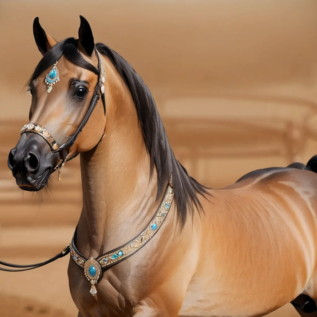 arabian horse, buckskin, portrait, halter, show background, dirt, <lora:Horse_Breeds-000012:1>