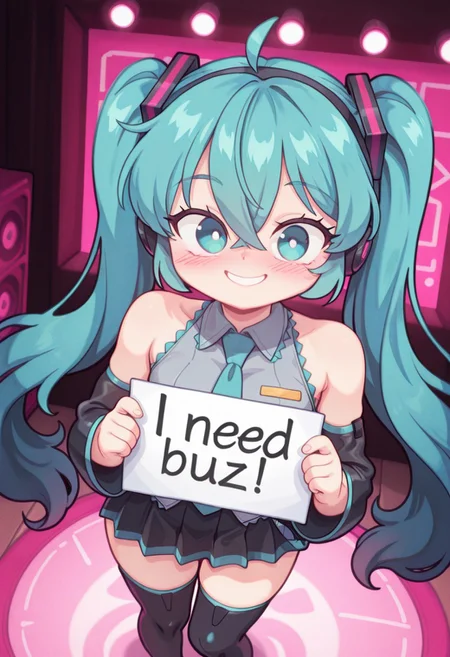 1girl, solo, Ghelber, need_buzz, holding sign, (bluethebone), perfect eyes, absurdres, illustration, intricate details, incredibly absurdres, ambient occlusion, depth of field, intricate background, high quality, 4k, masterpiece, ultra-detailed,best quality,amazing quality, very aesthetic, vibrant colors, looking at viewer, bokeh effect, cinematic framing, perfect hands, cute, perfect_face, bright eyes, soft skin, (indoors, stage, stage_lights, pink lights), (front view, from above), (dynamic pose, pointing at viewer), (blush, smile), white pupils
miku hatsune, ahoge, aqua eyes, aqua hair, crossed bangs, hair between eyes, hair ornament, headphones, long hair, twintails, aqua necktie, black footwear, black skirt, short skirt, black sleeves, boots, collared shirt, detached sleeves, grey shirt, necktie, pleated skirt, skirt, sleeveless, thigh boots, tie clip,