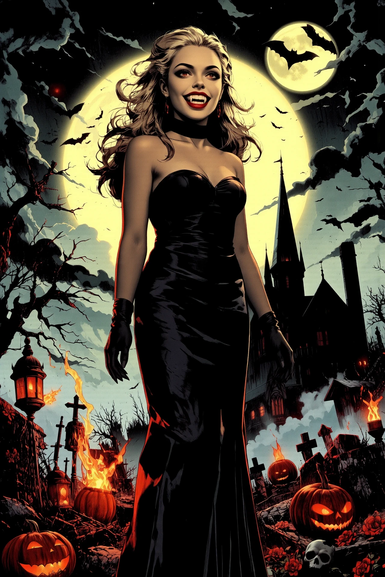 pretty (vampire woman:1.3), prom hairstyle ash blonde hair , standing, evil seductive smile, brilliant glossy red lips, red eyes , (fangs), (horror terror landscape), halloween night, jack-o, lanterns, pumpkins, sharp focus, moonligh, full moon, glowing lights, burning torches, (bats) in the sky, (vampire gothic theme atmosphere), (old creepy victorian mansion), interior, skull, vampire coffin, red glowing flowers, fog, fire, crosses, graveyard, ethereal lights, (very detailed), (medium shot), ghost, best quality, realistic, grey sky, dark tones, monochrome, natural ethereum light, backlight, shadows, high contrast, hdr, reflections,<lora:Hand v2:0.8> Detailed hand, Hand, Perfect hand <lora:Vintage comic book:1> <lora:Luminous_Shadowscape:0.3>, <lora:FluxF4ngs:1>