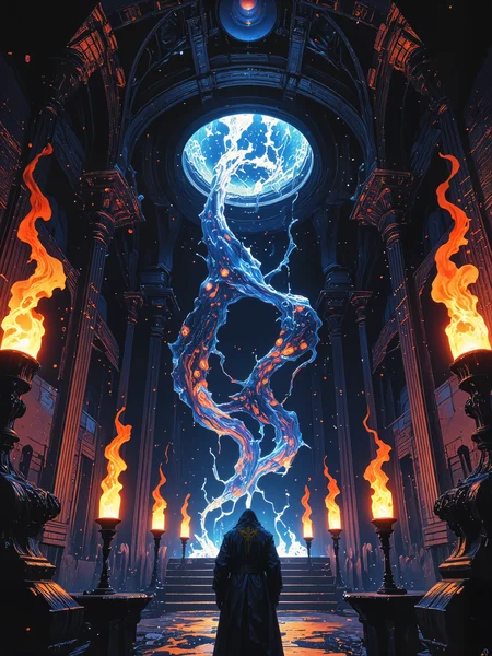 famous masterwork sci-fi artwork, hyper-realistic, photo-realistic, ultra detailed, high resolution, uhd, 8k, 4k, epic, highly aesthetic, gorgeous, beautiful, dramatic, accurate, perfect composition, at night, dim lighting, life is a canvas laid bare for all to see, man is a mirror imprinted with lock and key, dichotomous gates lead to dormant ways, where every path was split in half, we wander 'til we fade, time confounds and mystifies, awareness cuts like a blade, the duplicitous curse of the gifts we share, soon lost on wasted days, let senses draw blood, drown in their flood, a maelstrom of sweat and cold regret, life's paint seeps from our veins, through the portals that we left, our shades will follow through, sacrificial chamber, flickering torches, interdimensional entity, star-born entity, iridescent shards, undead beast, high contrast, lovecraftian, cthulhu mythos, r3alisticf, ne0nfant4sy, midjourney_whisper_avant_couture, frank frazetta, <lora:style-frank_frazetta-flux-by_artikuz_ai:0.48> <lora:style-mythic_fantasy-realistic-flux-by_velvets:0.64> <lora:style-neon_fantasy-flux-by_neowave:0.4> <lora:epic_gorgeous_details-balance-flux-by_flyway:0.4> <lora:midjourney_whisper_avant_couture-flux-by_aihonobono2023:0.4>