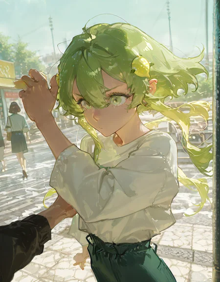 highres, best quality, masterpiece, $\{quality\}, $\{style\}, best quality, very aesthetic, 8k, anime, masterpiece, best quality, detailed background, 8k, score 9, score 8 up, score 7 up, score 6 up, $\{girl traits\}, $\{appearance\}, hair between eyes, outdoors, solo focus, $\{clothing\}, $\{pose\}, $\{background\}, $\{composition\}, Lemon Yakishio, Yellow-green hair, Long, flowing hair, Green eyes, fair skin, Yakishio-themed hair ornaments, Casual, modern clothing, Slightly pointed ears, Youthful appearance, Yakishio Lemon