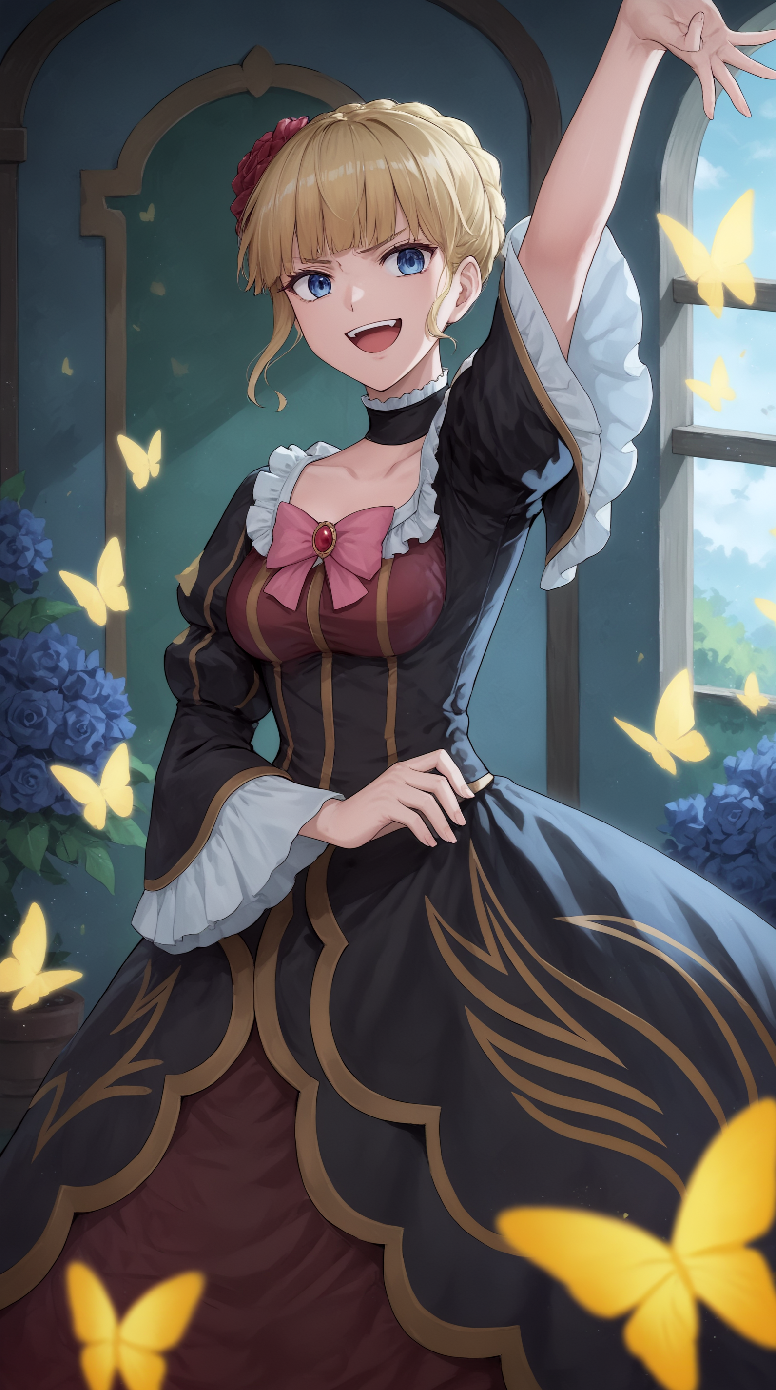 score_9, score_8_up, score_7_up, best background, detailed background, 4k, upscale, anime_source,  Beatrice, Main Outfit, solo, smile, open mouth, flower, arm up, bug, butterfly, yellow butterfly, indoors, room, tsundere,  <lora:JN_Beatrice_Pony:0.8>
