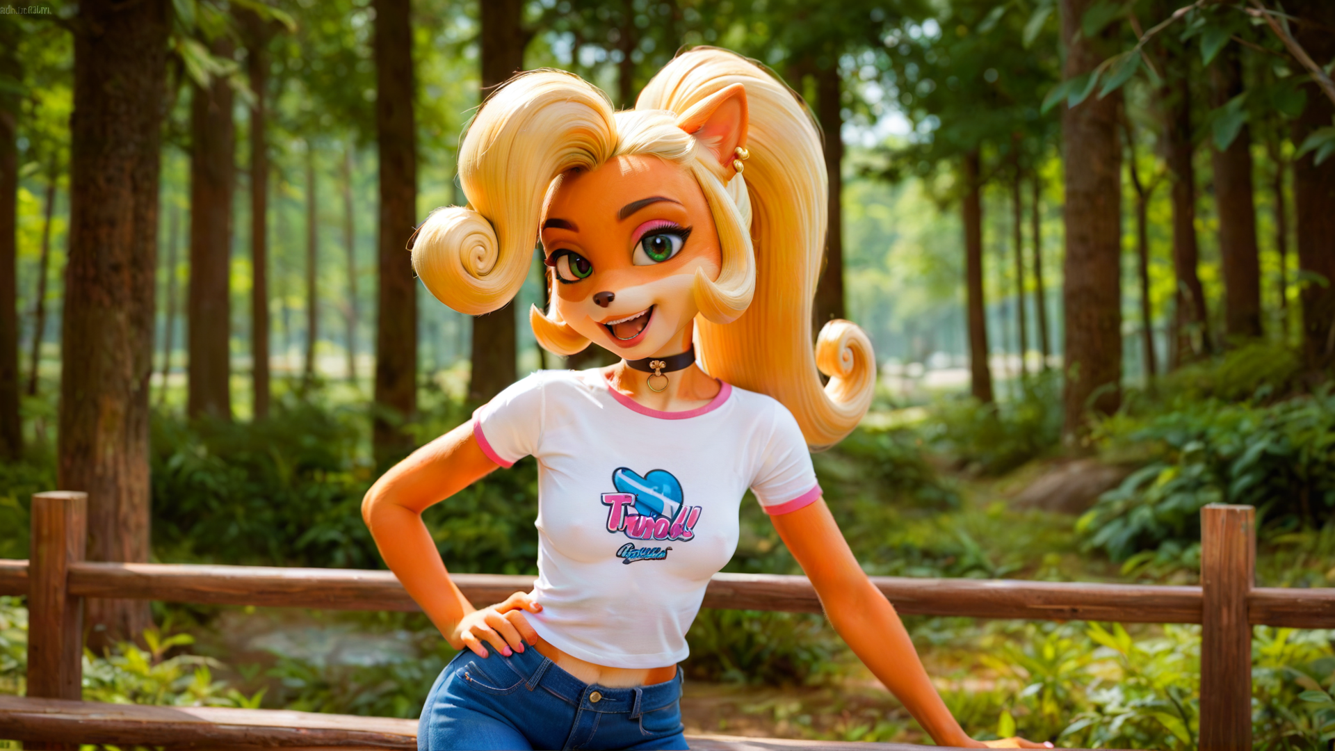 score_4,score_5,score_6,score_7_up,score_8_up,score_9 BREAK source_furry,1girl,solo,jewelry,earrings,long hair,breasts,choker,medium breasts,:d,outdoors,smile,open mouth,forest,high quality,bokeh,coco bandicoot,t-shirt,pants,
