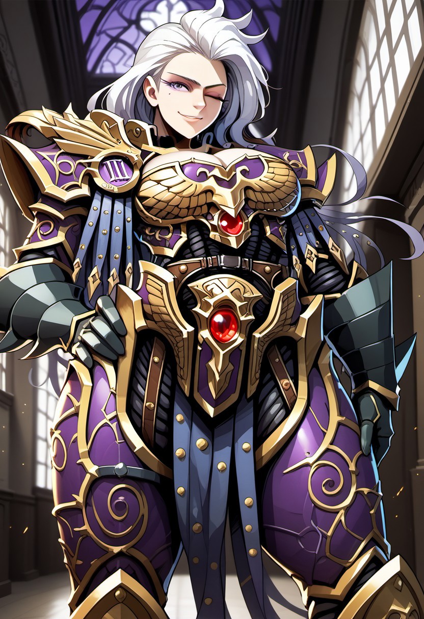 Score_9, score_8_up, score_7_up, score_6_up, score_5_up, score_4_up, FMIXF, 1girl, solo, FulgrimaXL, long white hair, purple eyes, make up, eye shadow, mole under eye, large breasts, armor, shoulder armor, gauntlets, boob window, cleavage cutout, covered cleavage, black undershirt, smirk, looking at viewer, wink , sci-fi, hallway, window, hand on hip, below view, side view,