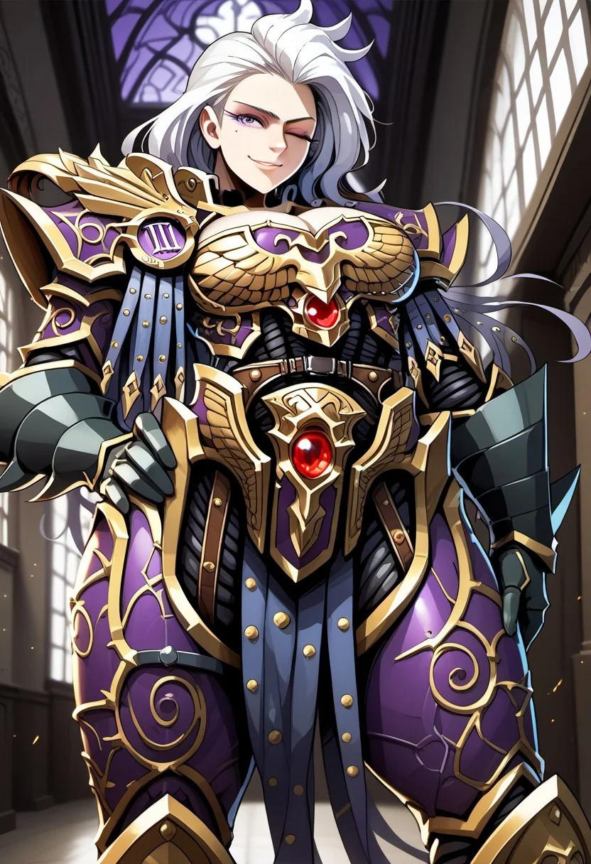 Score_9, score_8_up, score_7_up, score_6_up, score_5_up, score_4_up, FMIXF, 1girl, solo, FulgrimaXL, long white hair, purple eyes, make up, eye shadow, mole under eye, large breasts, armor, shoulder armor, gauntlets, boob window, cleavage cutout, covered cleavage, black undershirt, smirk, looking at viewer, wink , sci-fi, hallway, window, hand on hip, below view, side view,