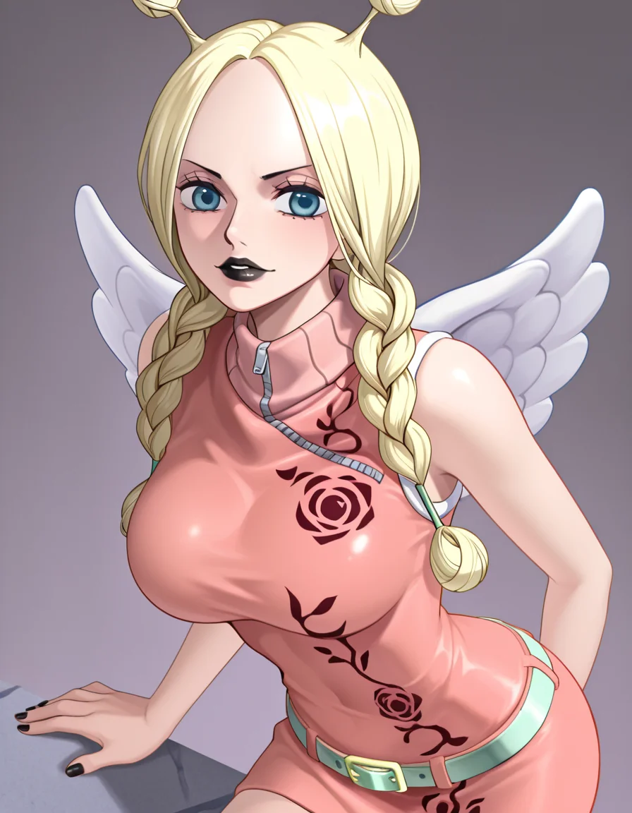 1girl, conis, pink turtleneck dress, green belt, wings, blonde hair, antenna hair, twin braids, blue eyes, black lips, black nails, looking at viewer, cute, <lora:Conis_ill_v6:1>, very awa, masterpiece, best quality, newest, highres, absurdres,