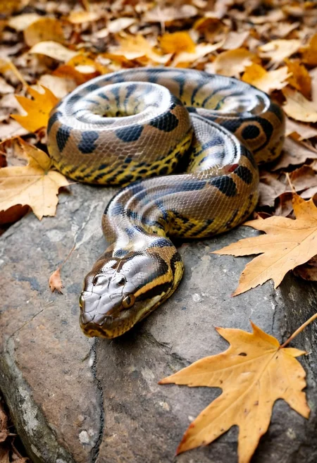 photograph of anaconda snake on stone. tiger-colored snake with black circles. snake head. Fallen leaves, autumn background.
<lora:snake_v1:0.9>