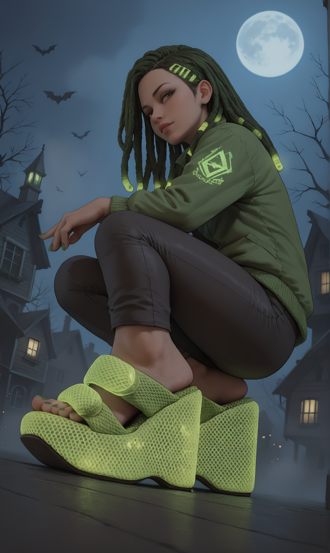 score_9, score_8_up, score_7_up, score_6_up, realistic,
wide angle, standing, low angle, foot focus, from side,
squatting,
(glowing neon footwear:1.1),
(glowing neon hair:1.15),
1girl, leather pants, green short jacket, black and green hair, dreadlocks, 
ï»¿(ï»¿m3sh heels), platform footwear,
halloween scene, fog, haunted house, night,
green toenail polish,
embedding:zPDXLrl ,
embedding:zPDXL2 ,