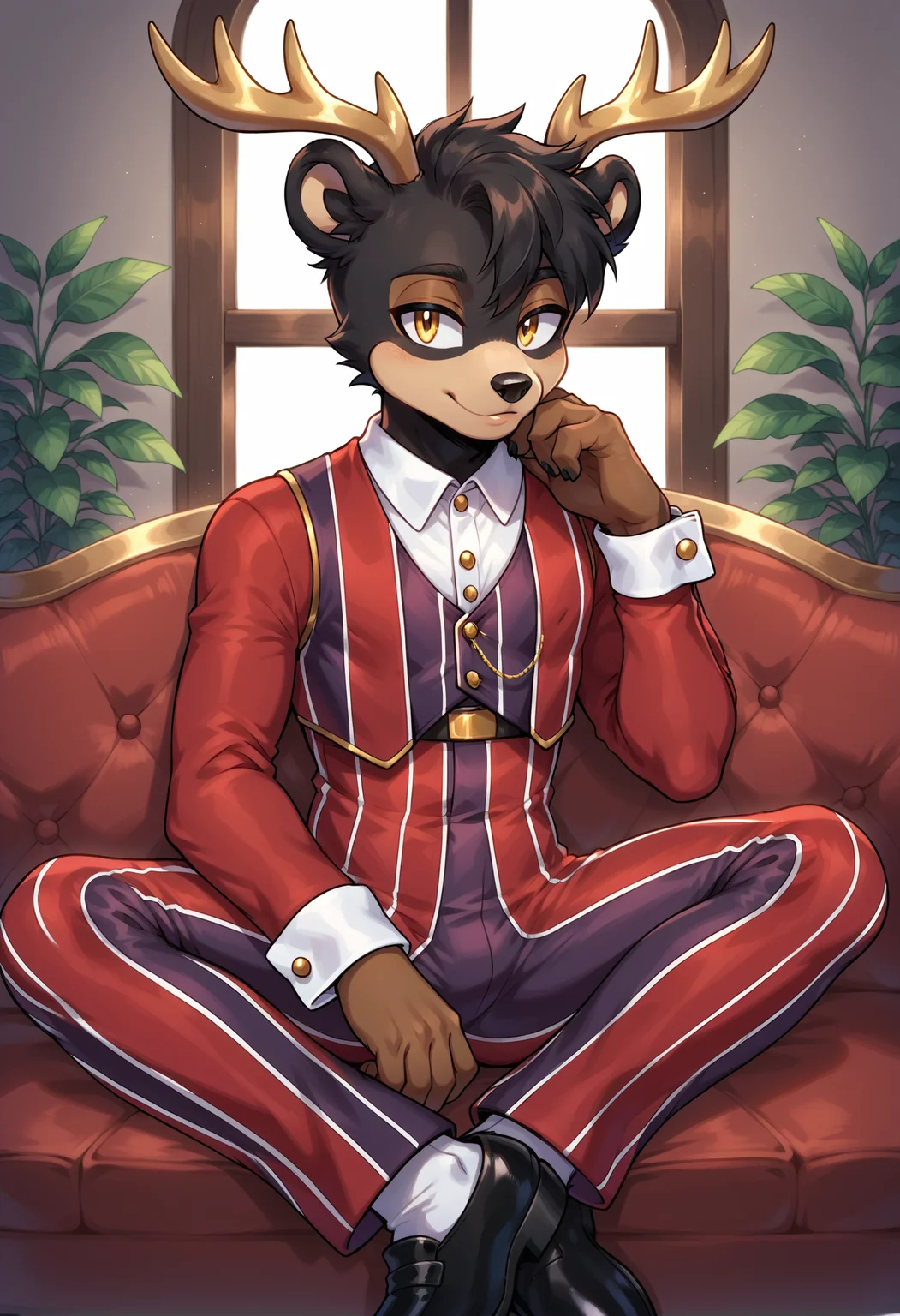 score_9, score_8_up, sonic \(series\), rating_safe, solo, anthro bear, bear ears, deer antlers, black body fur, black fur, twink, femboy, red jacket, white pants, white shirt, gold eyes, gold antlers, sitting, <lora:Robbie_Rotten_outfit:0.7>, Robbie Rotten outfit, long sleeves, striped, pants, vest, vertical stripes, pinstripe pattern, striped pants, black shoes, wrist cuffs, indoors
