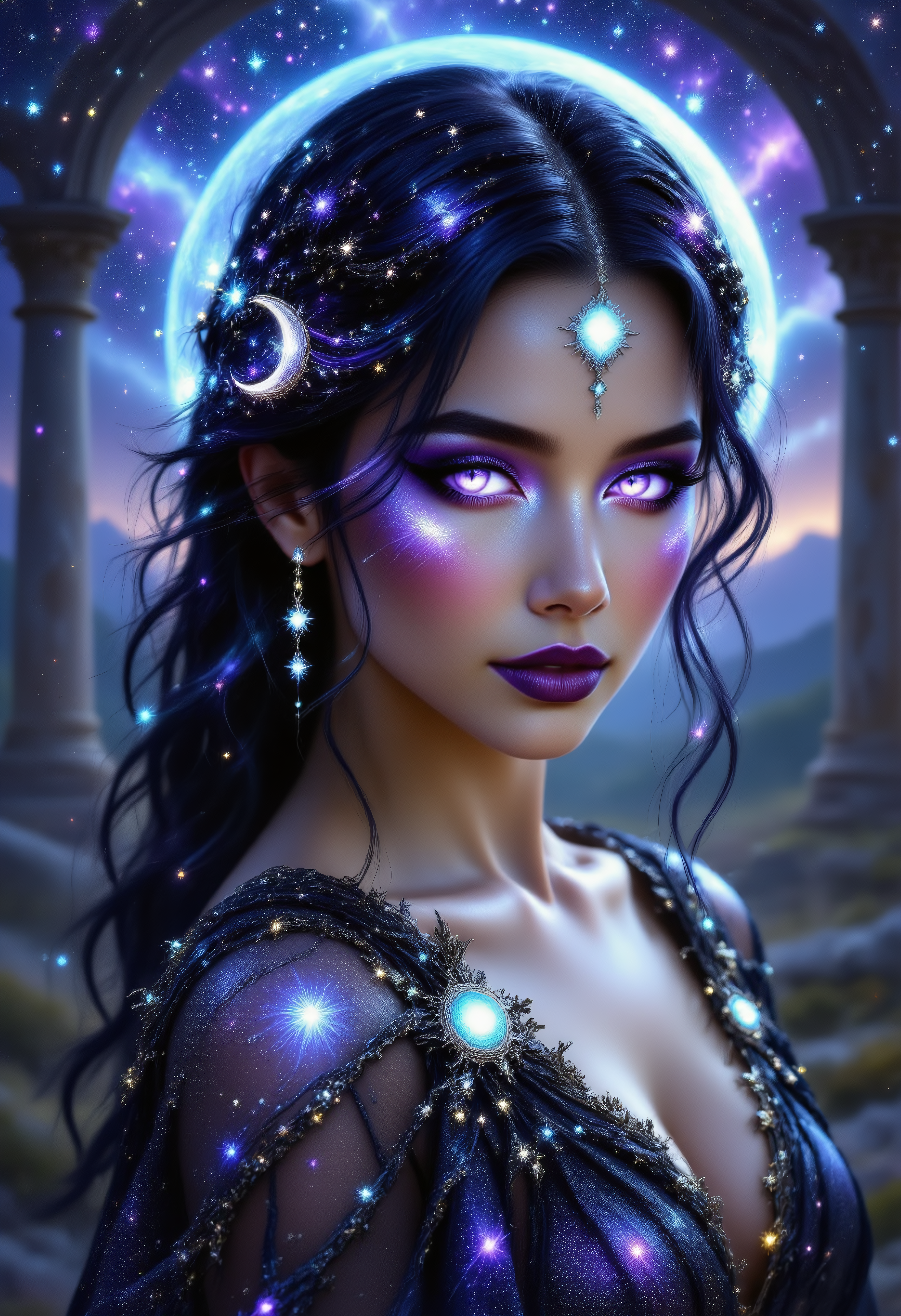 , aidmaHiDreamStyle, pinkhidreamfantasy, A mystical woman with flowing midnight-black hair laced with silver strands, resembling the Milky Way. Her violet eyes are framed by long dark lashes, and she wears a sheer, starry cloak that glows softly. Crescent moon charms dangle from her ears, and behind her, a vast cosmic landscape of swirling nebulae and ancient temples stretches infinitely.    ,