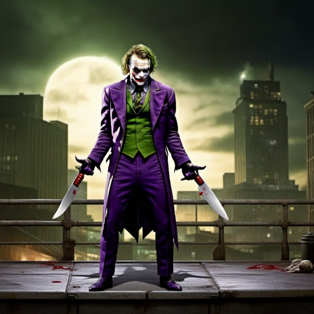Ultra-realistic high quality 8k masterpiece of a breathtakingly gorgeous fighting game with a PEJoker, Joker as a fighter  <lora:mk style:0.8>  <lora:PE_Joker_DarkKnight:0.8>  holding knife in fighting pose, gorgeously detailed fighter sprites, side view, wide shot, full body view , gotham city night time gorgeous lush background