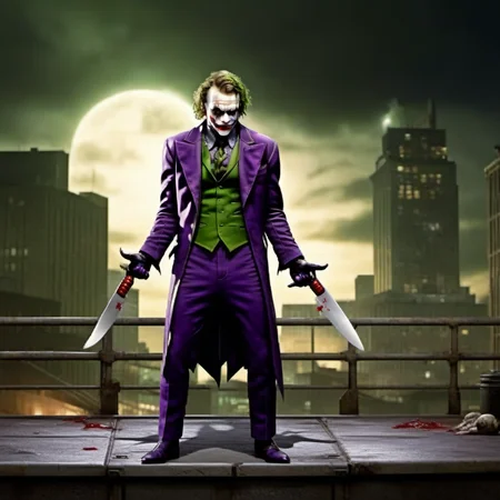Ultra-realistic high quality 8k masterpiece of a breathtakingly gorgeous fighting game with a PEJoker, Joker as a fighter <lora:mk style:0.8> <lora:PE_Joker_DarkKnight:0.8> holding knife in fighting pose, gorgeously detailed fighter sprites, side view, wide shot, full body view , gotham city night time gorgeous lush background